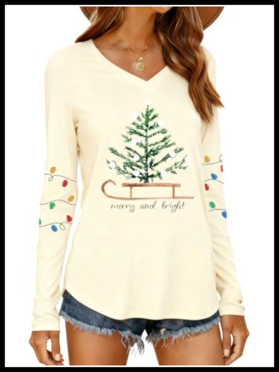 Tops - Christmas Tree Shirt Womens Long Sleeve Crew Neck Holiday Tee